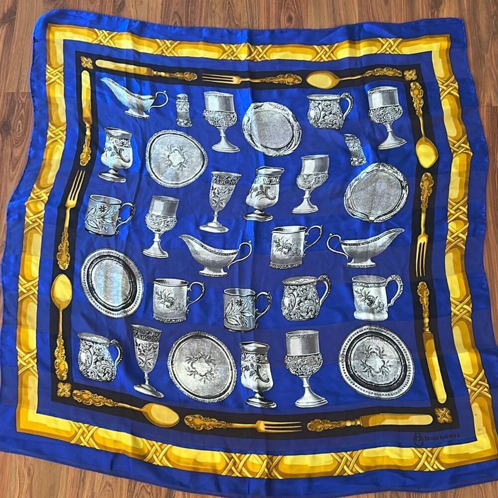 Barbieri 100% silk silverwear cup saucer royal blue gold large
